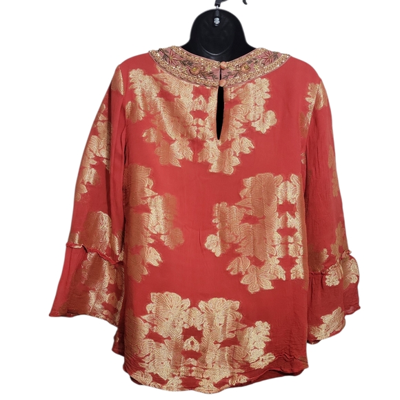 Soft Surroundings Red Gold Embroidered Blouse V-Neck Metallic Boho Tunic Small - Picture 2 of 5